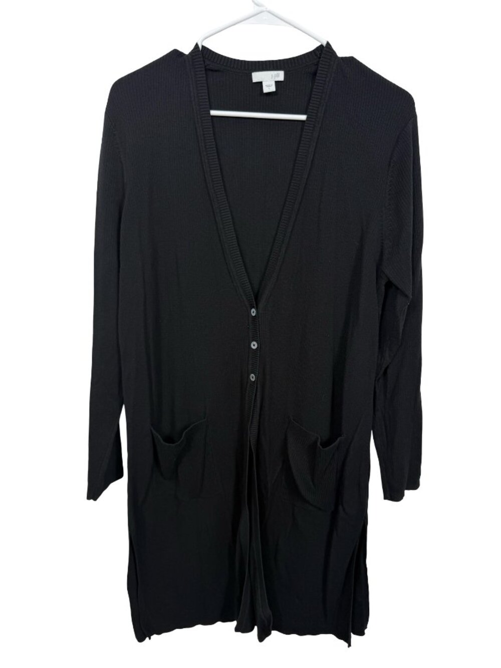 J Jill Duster Cardigan Womens Large Black Pockets Ribbed Long Cotton Silk Blend